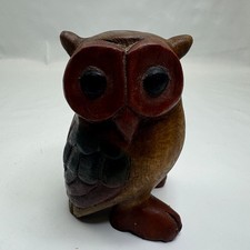Handmade Wooden Owl Money Box Hand-Carved Rustic Brown Red
