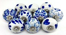 Set of 10 Navy Blue And White Ceramic Cupboard or Drawer Knobs Vintage Look Mix