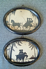 Pair of Antique Silhouette Scenes Alwin Freund Belian Horse Carriage Lovers