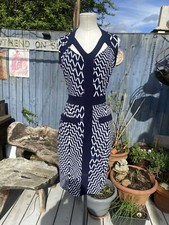 SIZE 12 JUS D ORANGE NAVY BLUE & WHITE PENCIL DRESS GEOMETRIC DESIGN STRETCH