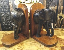Pair of Large Early 20th Century Black Wood  Hand Carved Wood Elephant Bookends 