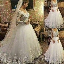 White Ivory Elegant Wedding Dresses with Long Sleeves Beaded V Neck Bridal Gowns