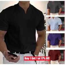 Mens Plain Button Henley Shirts Summer Short Sleeve Loose Casual Grandad T-Shirt