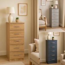 5 Drawer Tallboy Narrow Chest of Drawers Bedroom Hallway Storage Oak Grey  White
