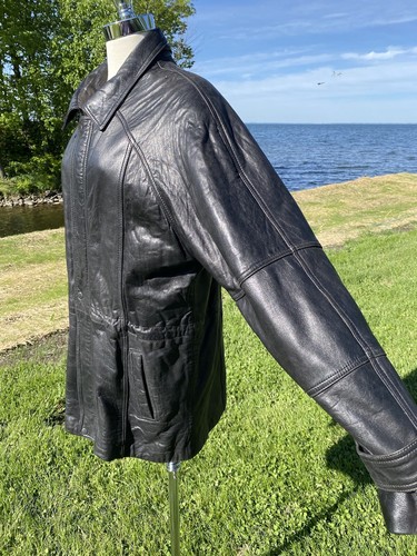 1980s vtg long black leather - 1980s,