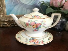 VINTAGE CROWN DUCAL YELLOW FLORAL TEAPOT AND STAND ART DECO 1930s TEAPOT & STAND