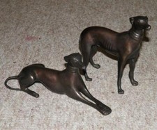 Vintage Solid Bronze Set Of Two Standing and Laying Down Whippet Ornaments
