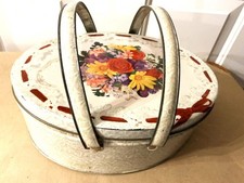 Vintage Oval Tin Box Basket Floral Sewing Craft Lunch Cookie Bread Container 11"