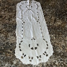 Vintage Dresser Table Runner 39 X 14” Oval  "White-Full Cutout Floral Scalloped