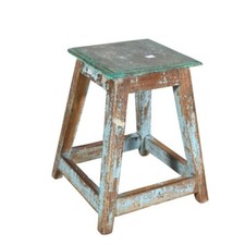 Vintage Turquoise Patina Teak Indian Stool Plant Stand Rustic 30x47cm