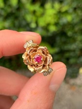 14ct gold diamond ruby rose flower ring designer HC 7 grams