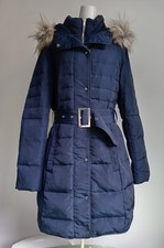Ladies La Redoute Coat Navy Duck Down & Feather Belted With Hood Size 10