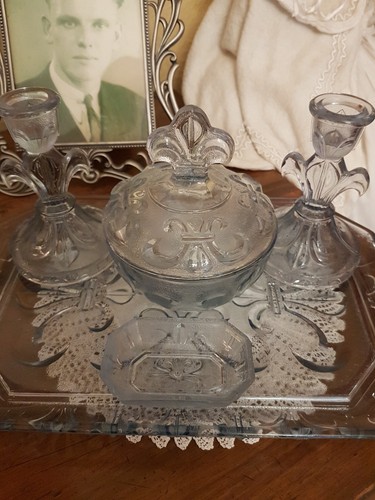 Blue glass dressing table set - glass,