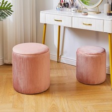 Round Storage Ottoman 2 PCS Velvet Vanity Stool Padded Seat Pink