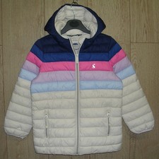 Joules Girls Pink Blue Lined Hooded Coat Raincoat Puffer Jacket Age 8 128cm