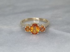 Solid 9ct Yellow Gold Trilogy Accents Ring Orange Sunset Sapphire Diamond N 1/2