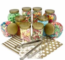10 Gold Mini Plastic Sweet Jars 2 Tongs 50 Bags for Wedding Candy Buffet Party