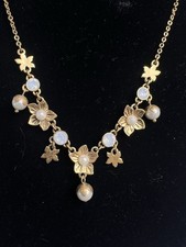 Vintage PILGRIM Flower Pearl Opal Necklace Gold Costume Jewellery Danish