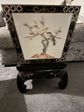 Vintage Black Chinese Lacquered Wood Plant Cover With Stand And Mental Pot