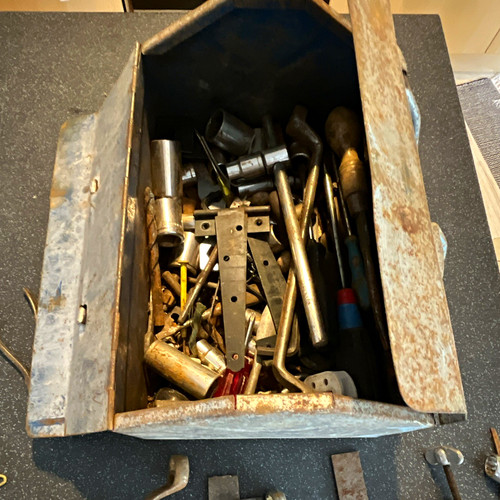 Vintage blue metal tool box - metal,