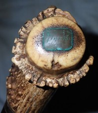 ANTIQUE DEER STAG ANTLER HORN WOOD MAN WALKING STICK w/ SIGN BRONZE NAME PLAQUE