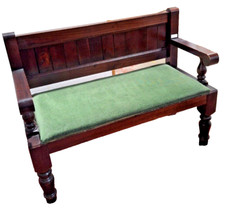 Vintage Solid Oak Pub Bench Settle in Green Herringbone Tweed Style Fabric