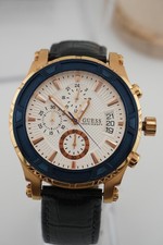 GUESS Rose Gold Chronograph 47mm Watch Navy Bezel Leather Strap W0673G5