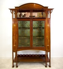Antique Art Nouveau Mahogany Display Cabinet – Inlaid, Leaded Glass, C.1900