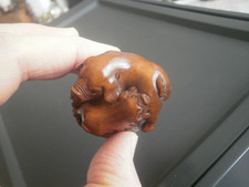 Hand carved wood netsuke - netsuke, pig