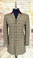 Mod Retro Skinhead 3/4 Overcoat 4 Button Taupe Check  Burgundy Velvet Collar