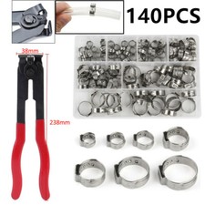 140x Single Ear Hose Clamps Plier Assorted Stainless Steel O Fuel Pipe Clip Set