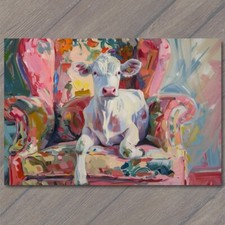 Art Print Cow On Couch Sofa Chair Calf Cute Fun Painting Unusual Country Farm