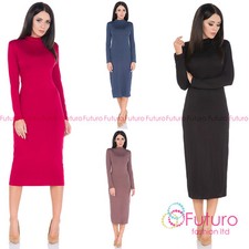 Ladies Simple Work Office Cowl Neck Long Sleeve Tea Length Fitted Dress FM33