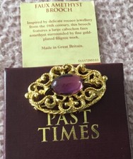 PAST TIMES ART DECO LARGE FAUX AMETHYST BROOCH/GOLD PLATED FILIGREE/ BOXED