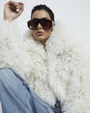 River Island Womens Beige Faux fur Mac Coat Size S