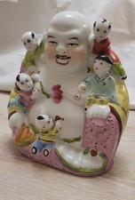Vintage Ceramic Laughing Buddha with Climbing Children Colourful Jingzheng