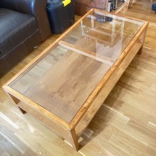 Large vintage wooden oak coloured coffee table with glass top