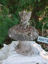 Vintage 1990's Aged Reconstituted Stone Garden Statue Fairy On Mushroom