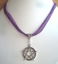 Large Pentagram Purple Ribbon and Cord Necklace - Wiccan Pagan Witch