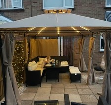 Large 4 x 3m Metal Garden Gazebo W/ Sides Curtains Solar LED Lights Double Roof