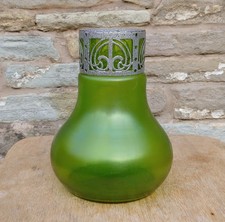 Antique Bohemian Art Nouveau Iridescent Green Art Glass Vase