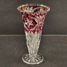 Hofbauer Star Flower Vase Ruby Red & Clear Glass Cased 24% Crystal 6.75" Germany