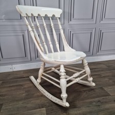Antique Vintage Solid Wooden Rocking Chair - Turned Penny Base Seat - Painted