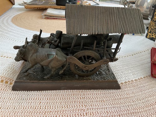 Indian bronze wheel cart - indian, ox