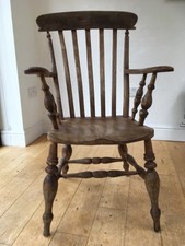 Vintage Rustic Wooden Carver Fireside High flat-back Chair with armrests