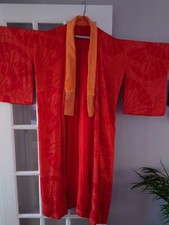 Antique Japanese Genuine Silk Kimono Gown Coat Red Orange Original 1920's/1930's