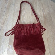Vintage Bertie suede ladies burgundy tasseled fringed bucket shoulder bag