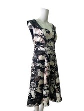 BHS SG Fit & Flare Dress Size 14 Womens EU42 Grey & Black Floral Belted Cotton