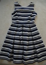KEW London Fit & Flare Pleated Summer Dress Nautical navy White Stripes UK 12