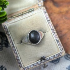 Vintage Silver Black Stone Signet Ring, Oval Band